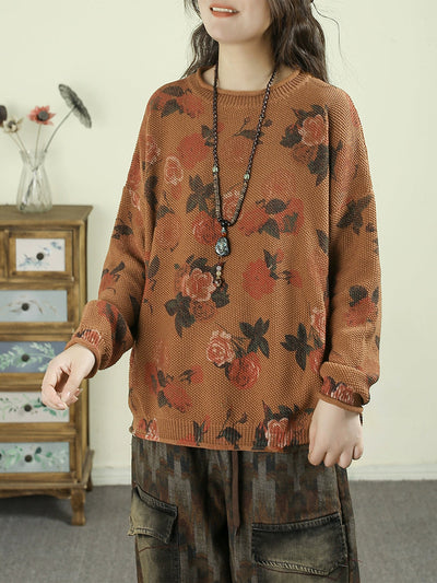 Women Autumn Vintage Flower O-Neck Sweater