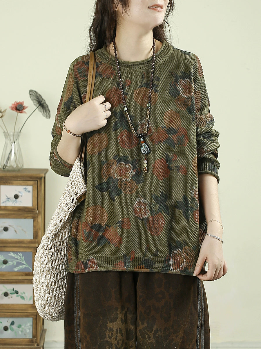 Women Autumn Vintage Flower O-Neck Sweater