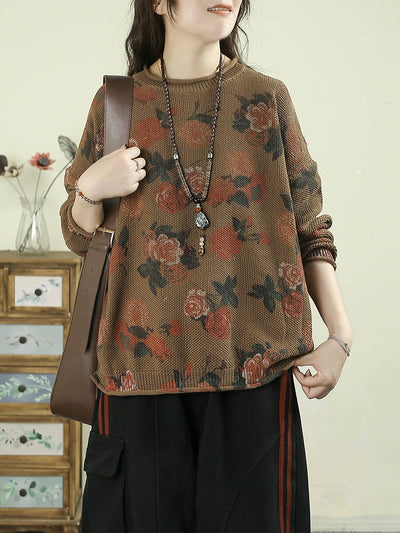 Women Autumn Vintage Flower O-Neck Sweater