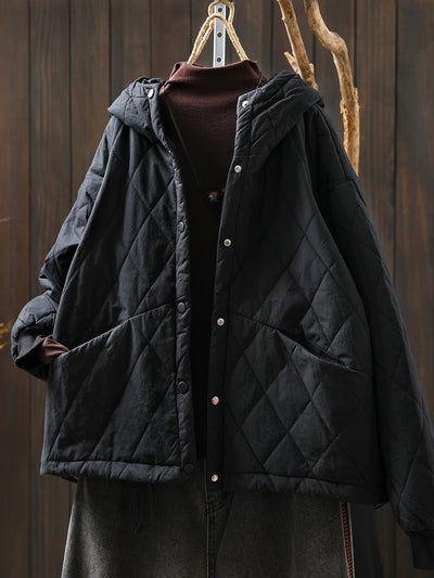 Women Autumn Casual Pure Color Padded Hooded Jacket