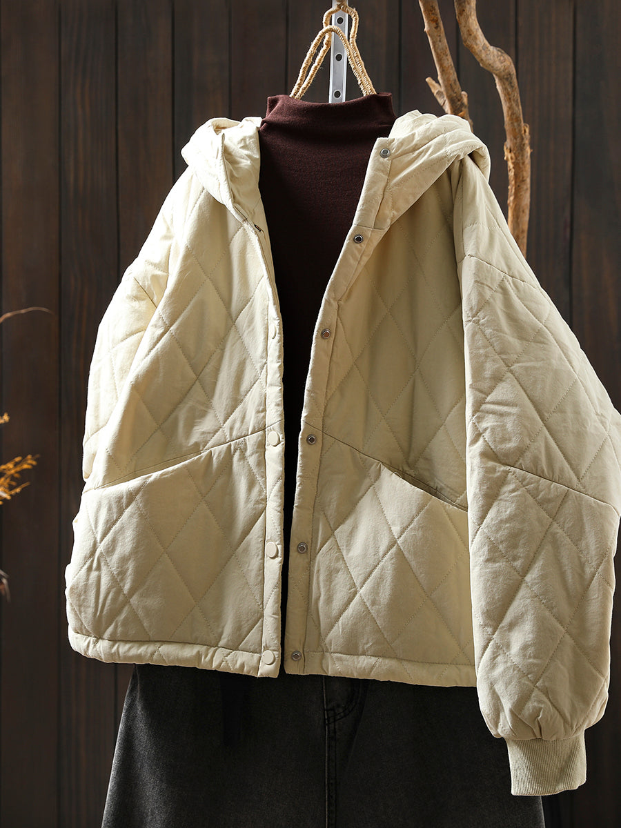 Women Autumn Casual Pure Color Padded Hooded Jacket