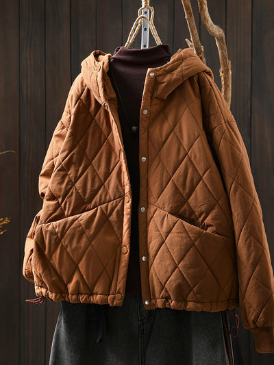 Women Autumn Casual Pure Color Padded Hooded Jacket
