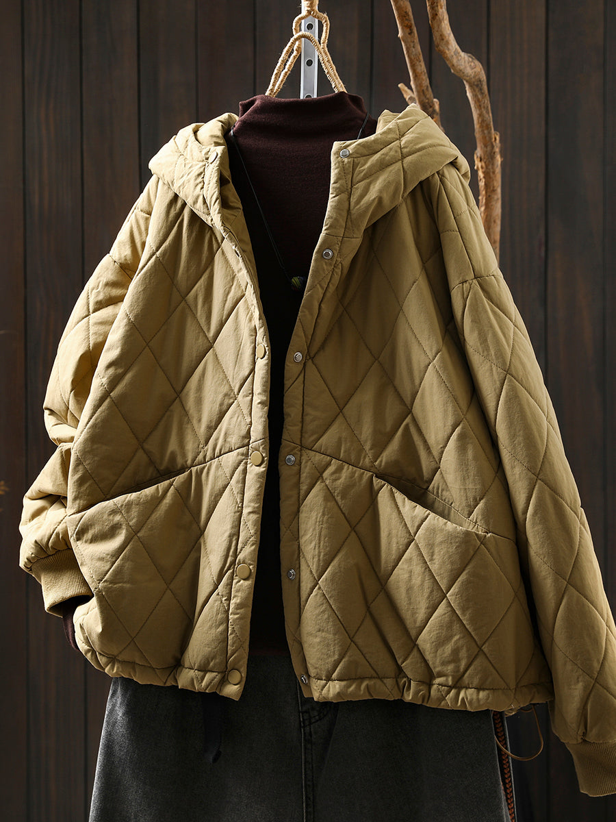 Women Autumn Casual Pure Color Padded Hooded Jacket