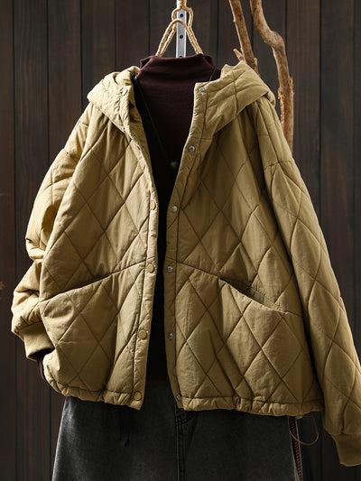 Women Autumn Casual Pure Color Padded Hooded Jacket