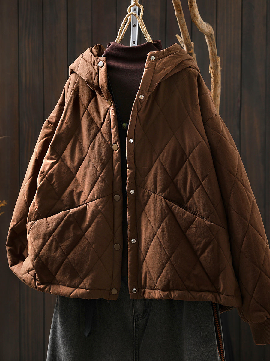 Women Autumn Casual Pure Color Padded Hooded Jacket