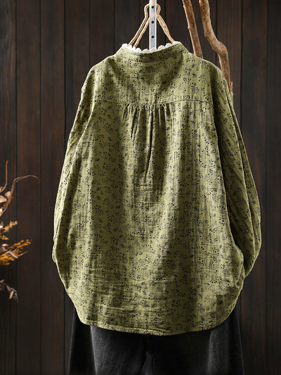 Women Autumn Artsy Floral O-Neck 100%Cotton Shirt