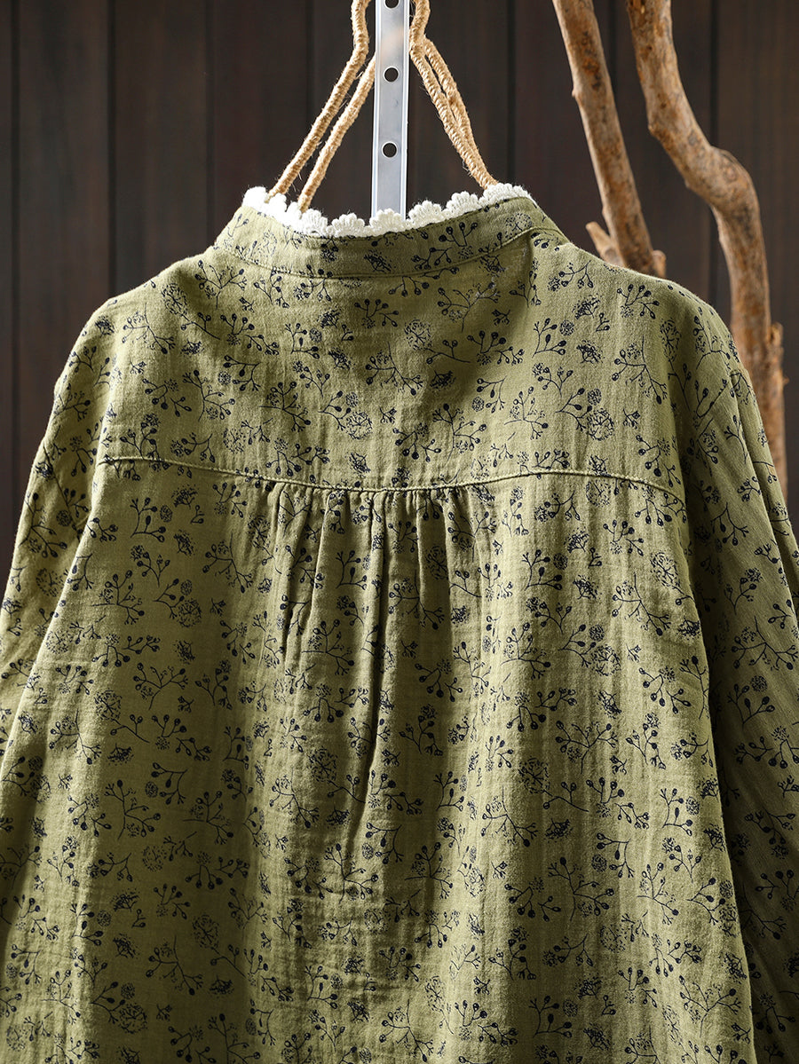 Women Autumn Artsy Floral O-Neck 100%Cotton Shirt