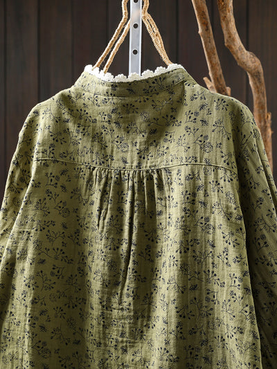 Women Autumn Artsy Floral O-Neck 100%Cotton Shirt