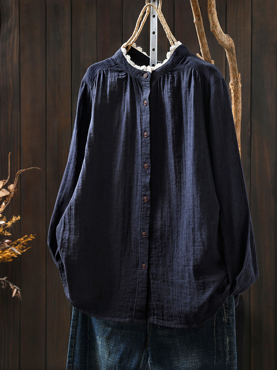 Women Autumn Artsy Floral O-Neck 100%Cotton Shirt