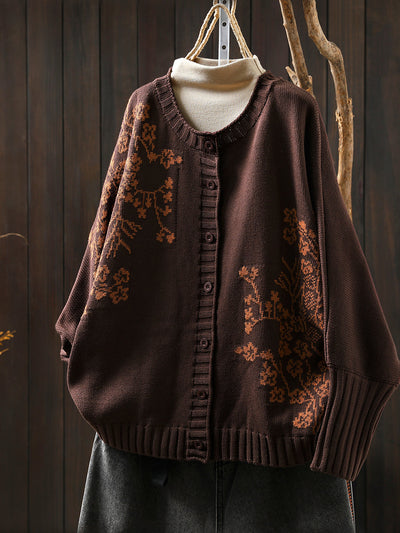 Women Autumn Vintage Flower O-Neck Knitted Sweater