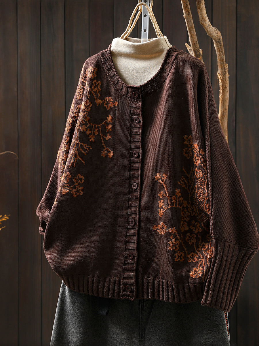 Women Autumn Vintage Flower O-Neck Knitted Sweater