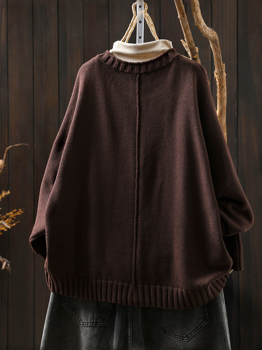 Women Autumn Vintage Flower O-Neck Knitted Sweater