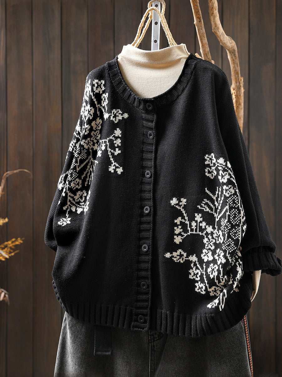 Women Autumn Vintage Flower O-Neck Knitted Sweater