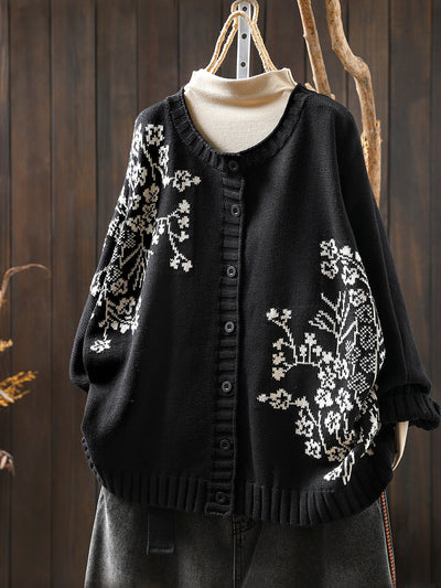 Women Autumn Vintage Flower O-Neck Knitted Sweater