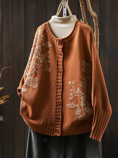 Women Autumn Vintage Flower O-Neck Knitted Sweater