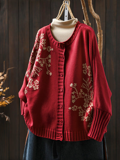 Women Autumn Vintage Flower O-Neck Knitted Sweater