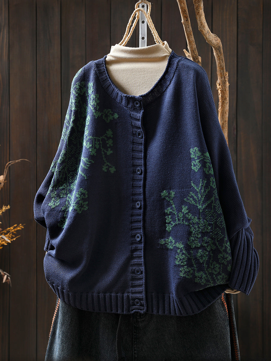 Women Autumn Vintage Flower O-Neck Knitted Sweater