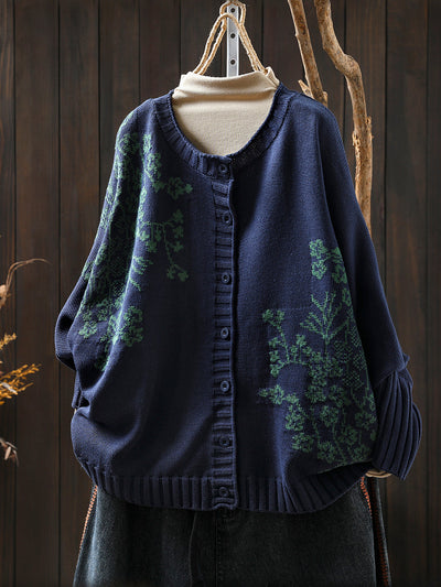 Women Autumn Vintage Flower O-Neck Knitted Sweater