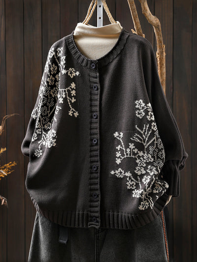 Women Autumn Vintage Flower O-Neck Knitted Sweater