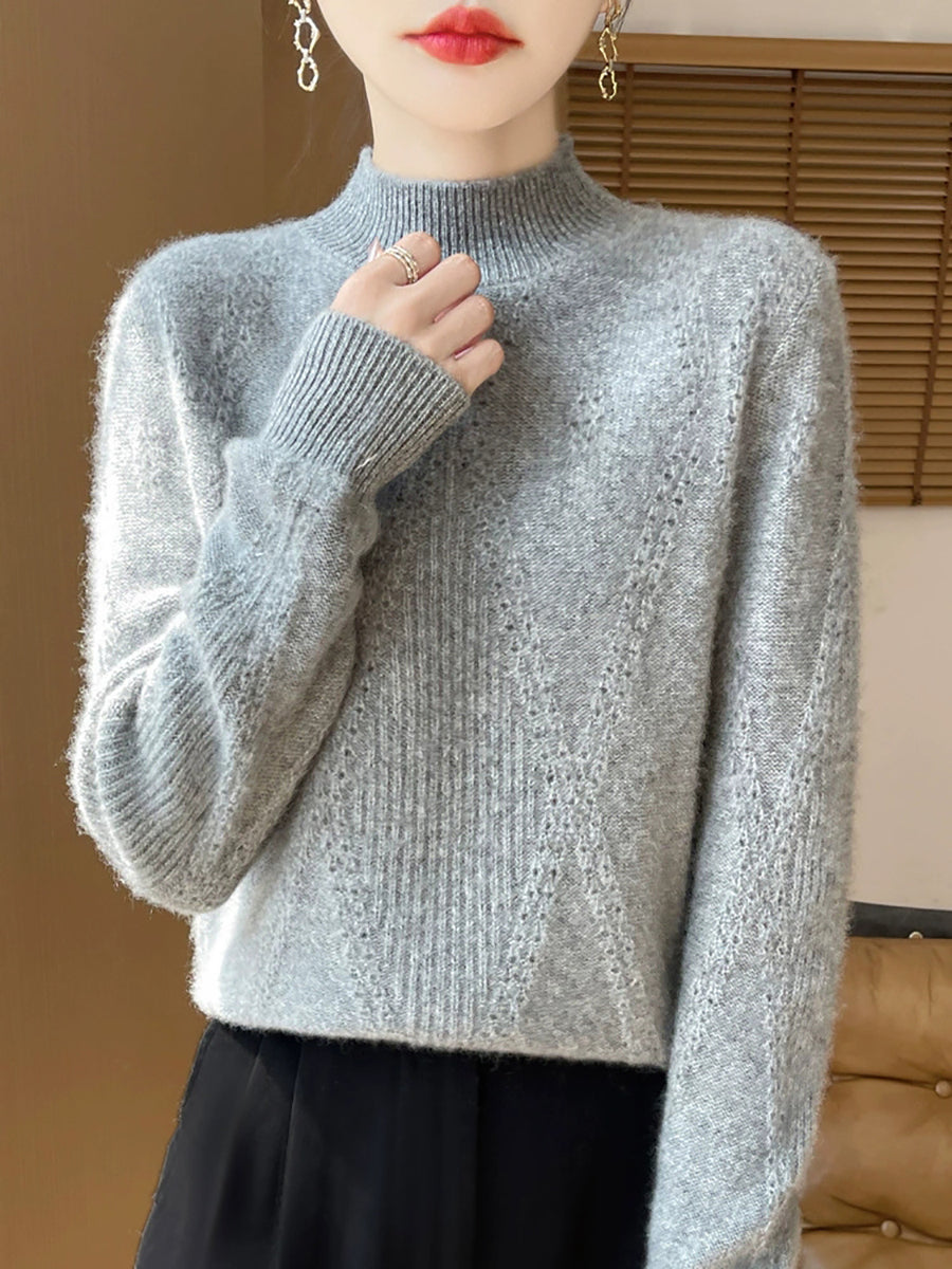 Women Autumn Pure Color Wool Half-Turtleneck Sweater