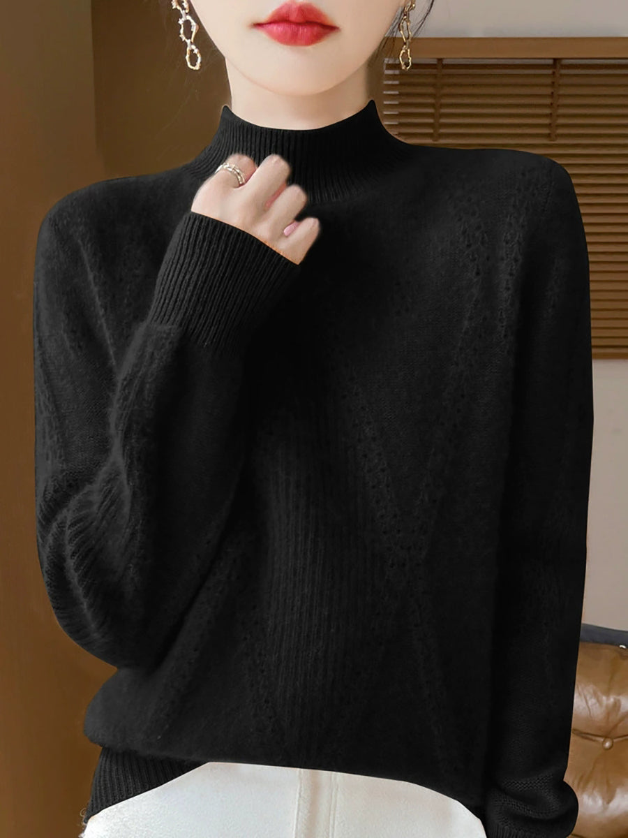 Women Autumn Pure Color Wool Half-Turtleneck Sweater