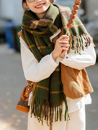 Women Winter Warm Plaid Taasel Shawl Scarf