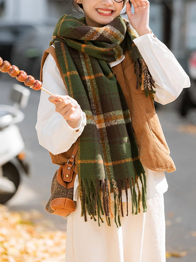 Women Winter Warm Plaid Taasel Shawl Scarf