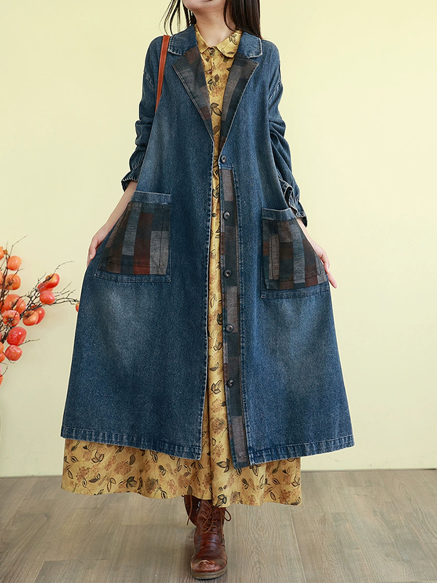 Women Autumn Spliced Turn-down Collar Denim Coat