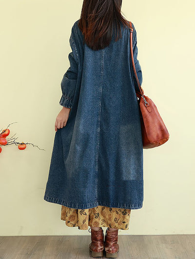 Women Autumn Spliced Turn-down Collar Denim Coat