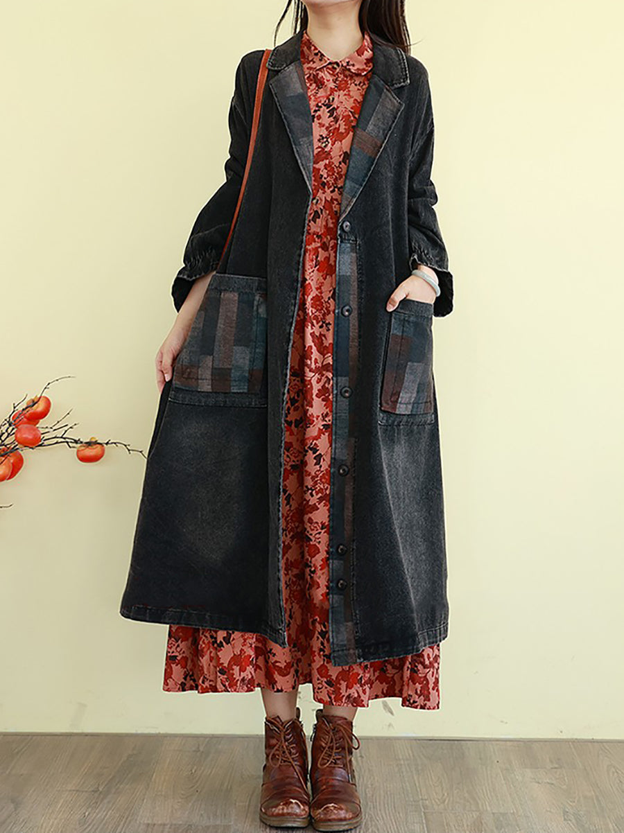Women Autumn Spliced Turn-down Collar Denim Coat