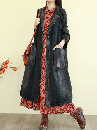 Women Autumn Spliced Turn-down Collar Denim Coat
