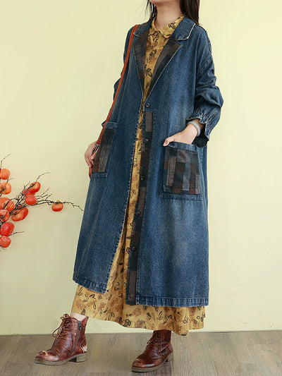 Women Autumn Spliced Turn-down Collar Denim Coat