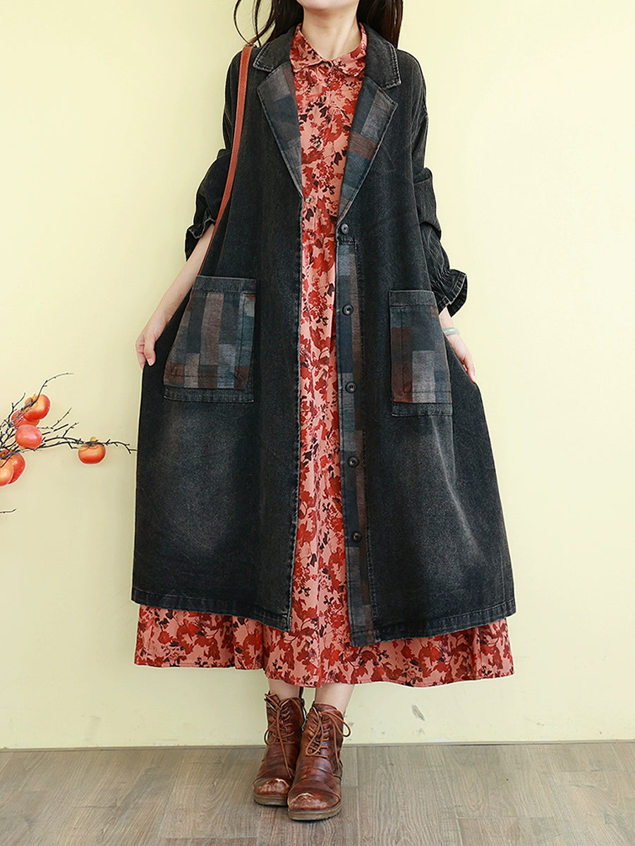 Women Autumn Spliced Turn-down Collar Denim Coat