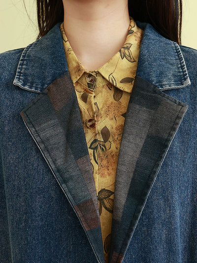 Women Autumn Spliced Turn-down Collar Denim Coat