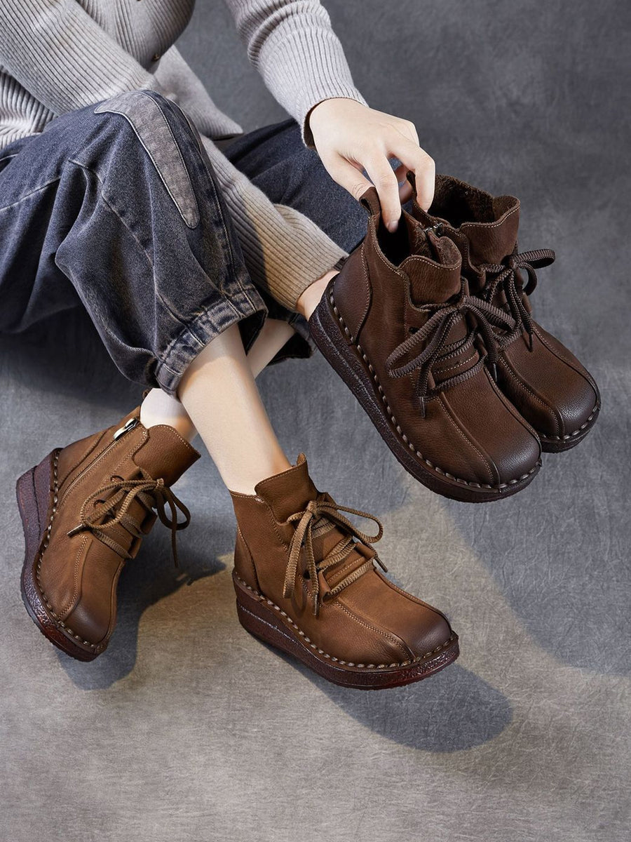 Women Pure Color Genuine Leather Platform Ankle Boots