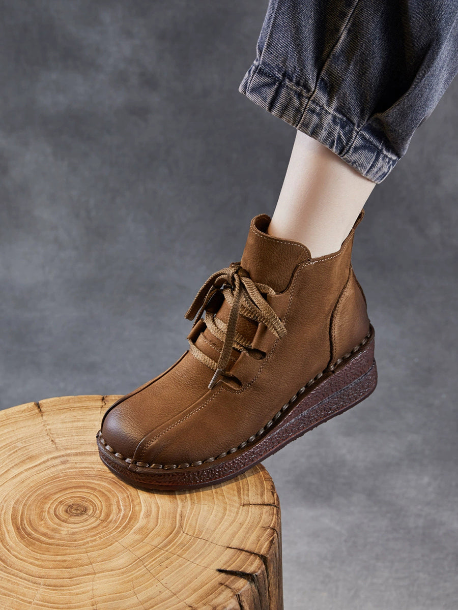 Women Pure Color Genuine Leather Platform Ankle Boots