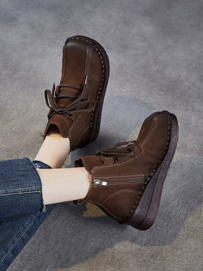 Women Pure Color Genuine Leather Platform Ankle Boots