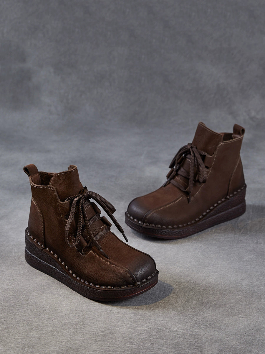 Women Pure Color Genuine Leather Platform Ankle Boots