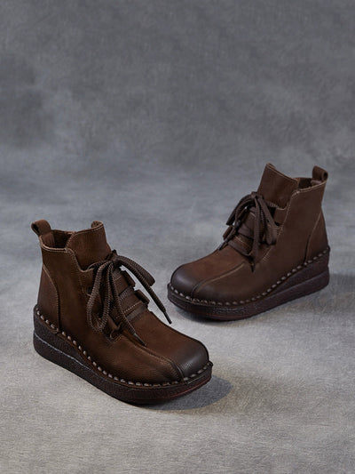 Women Pure Color Genuine Leather Platform Ankle Boots