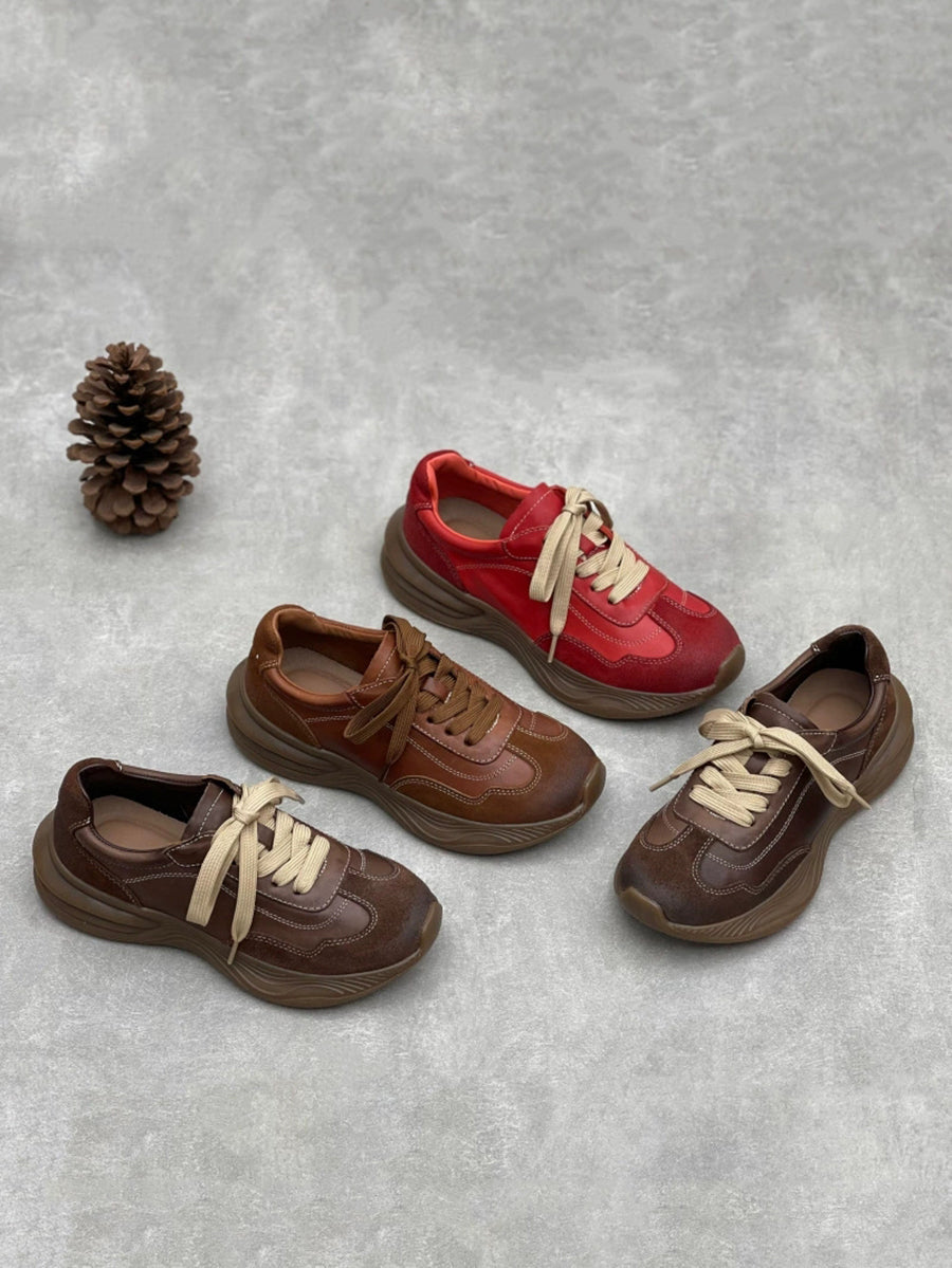 Women Vintage Leather Spliced Platform Shoes