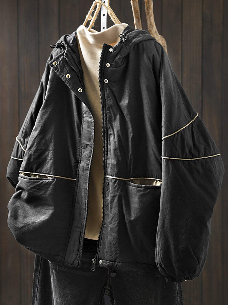 Women Autumn Casual Pure Color Padded Hooded Jacket