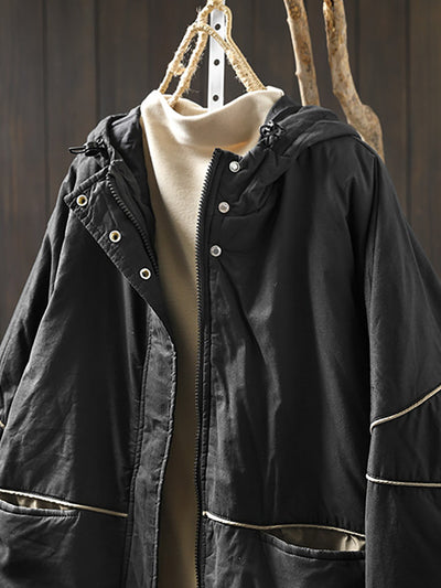 Women Autumn Casual Pure Color Padded Hooded Jacket