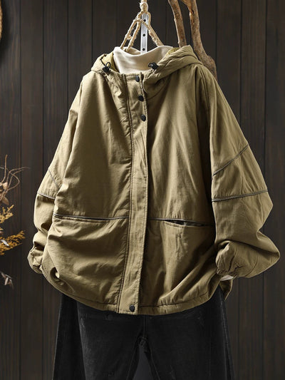 Women Autumn Casual Pure Color Padded Hooded Jacket