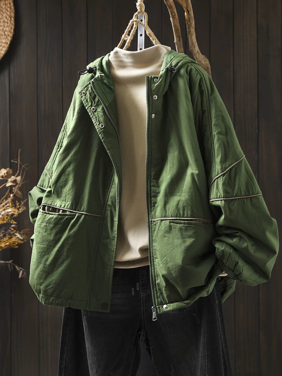 Women Autumn Casual Pure Color Padded Hooded Jacket