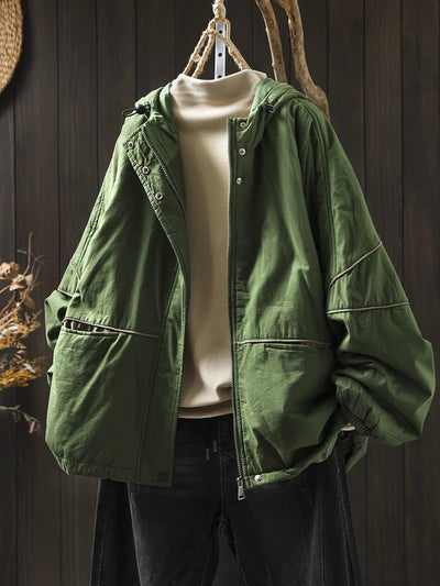 Women Autumn Casual Pure Color Padded Hooded Jacket