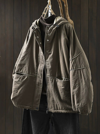 Women Autumn Casual Pure Color Padded Hooded Jacket