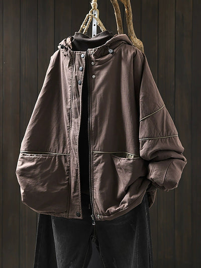 Women Autumn Casual Pure Color Padded Hooded Jacket