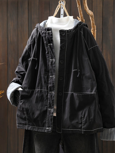 Women Autumn Casual Pure Color Padded Hooded Jacket