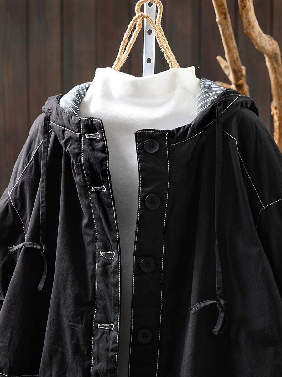 Women Autumn Casual Pure Color Padded Hooded Jacket