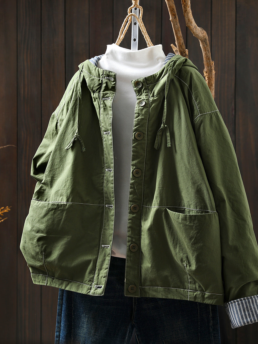 Women Autumn Casual Pure Color Padded Hooded Jacket